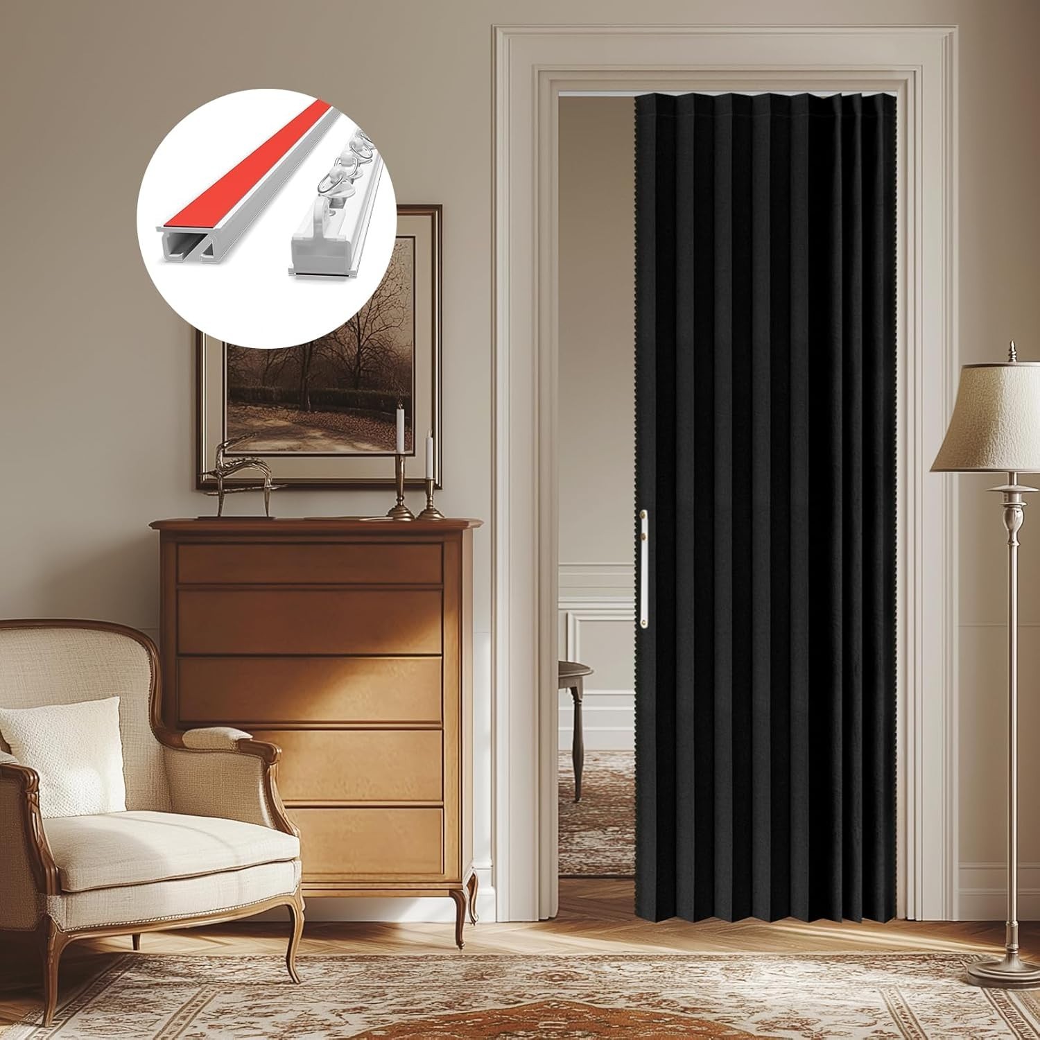 Versatile Black 100% Blackout Door Curtain, 43”W x 79”L – DIY Installation Kit