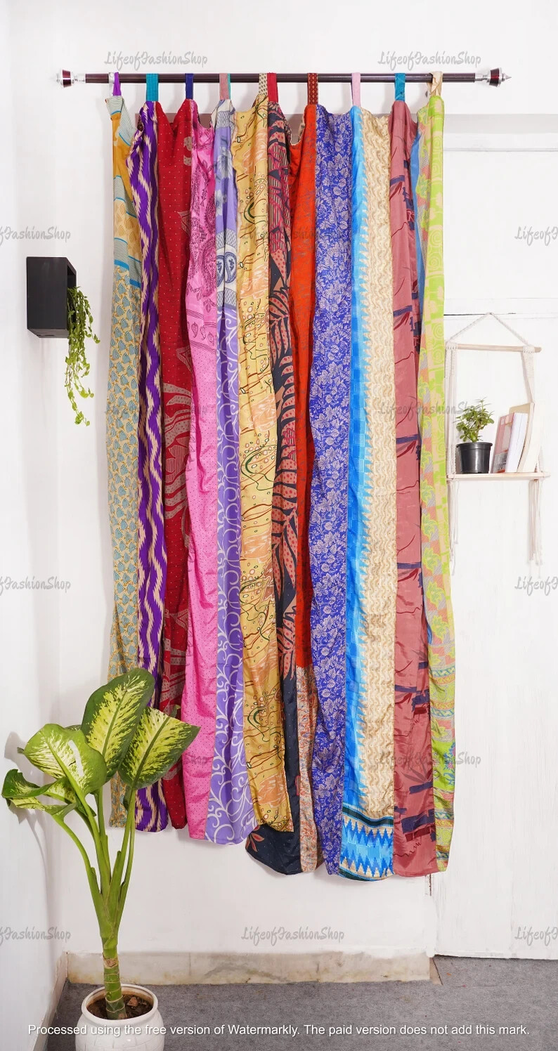 2 Pc Indian Old Recycle Silk Saree Boho Multi Curtain Door Drape Decor Curtain