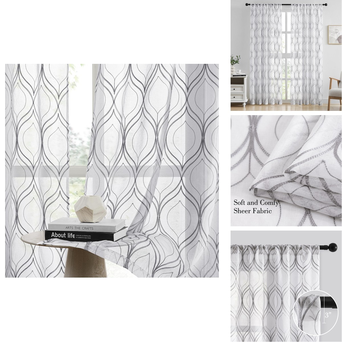 Homeideas White And Grey Sheer Curtains 52 X 84 Inches Long Moroccan
