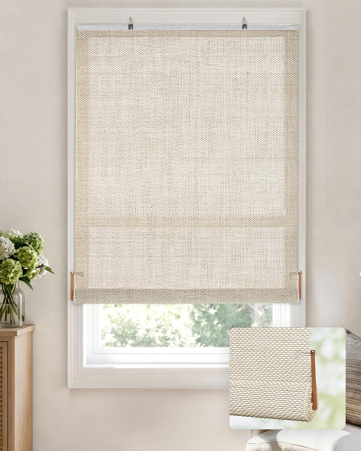 Manual Roll-up Bamboo Blinds, 40″ W x 72″ H, Star-Off White | Easy Install