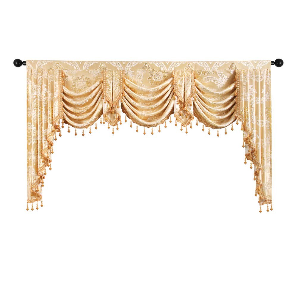 ELKCA Golden Jacquard Swag Waterfall Valance Luxury Curtain Valance for Living R