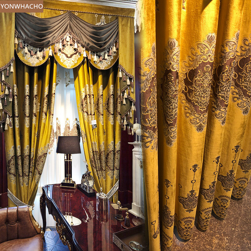 European luxury velvet gold yellow jacquard cloth blackout curtain valance B610*