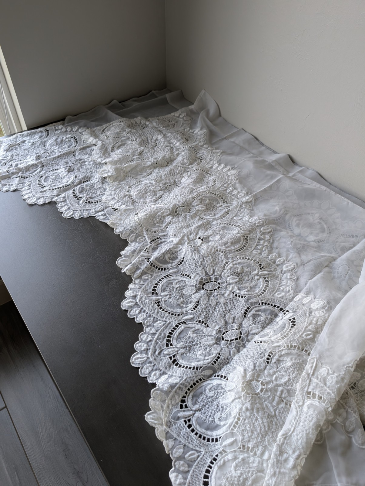 Boho Cottagecore Cream Lace Mesh Sheer Curtains Floral Pattern Scalloped Hem