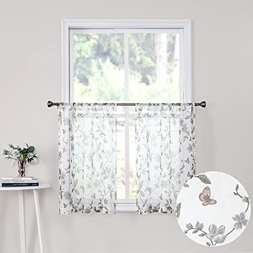 Short Sheer Floral Tier Curtains Flower Butterfly Printed 30″W x 24″L Grey
