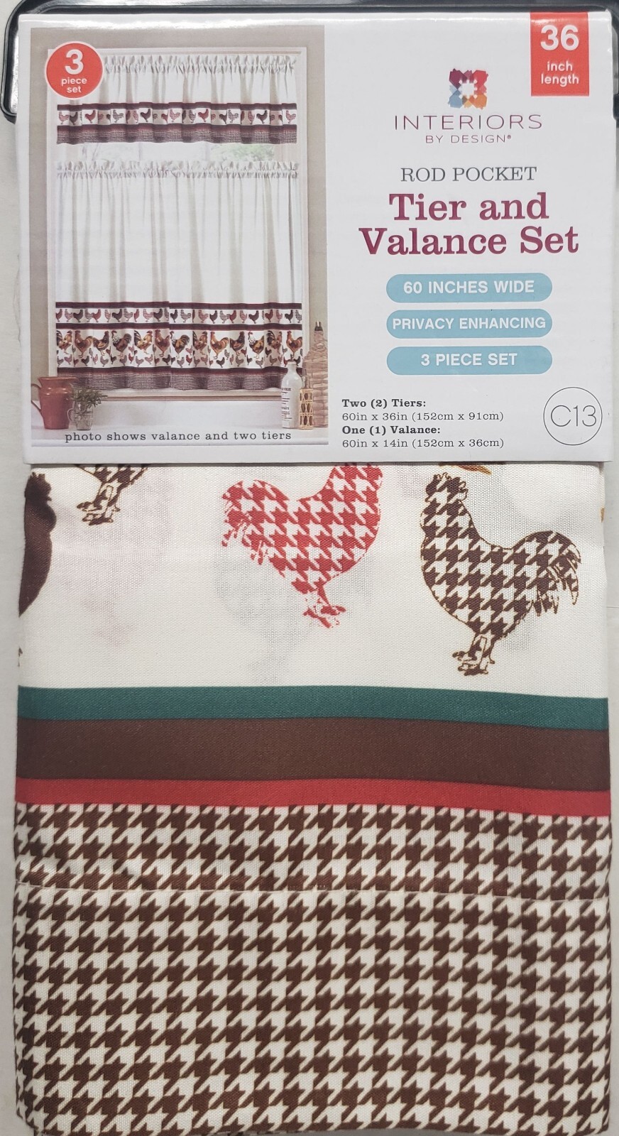3pc. Rod Pocket Curtains Set(2 Tiers & Valance 60″x14″)DIFFERENT ROOSTERS,C13,MB