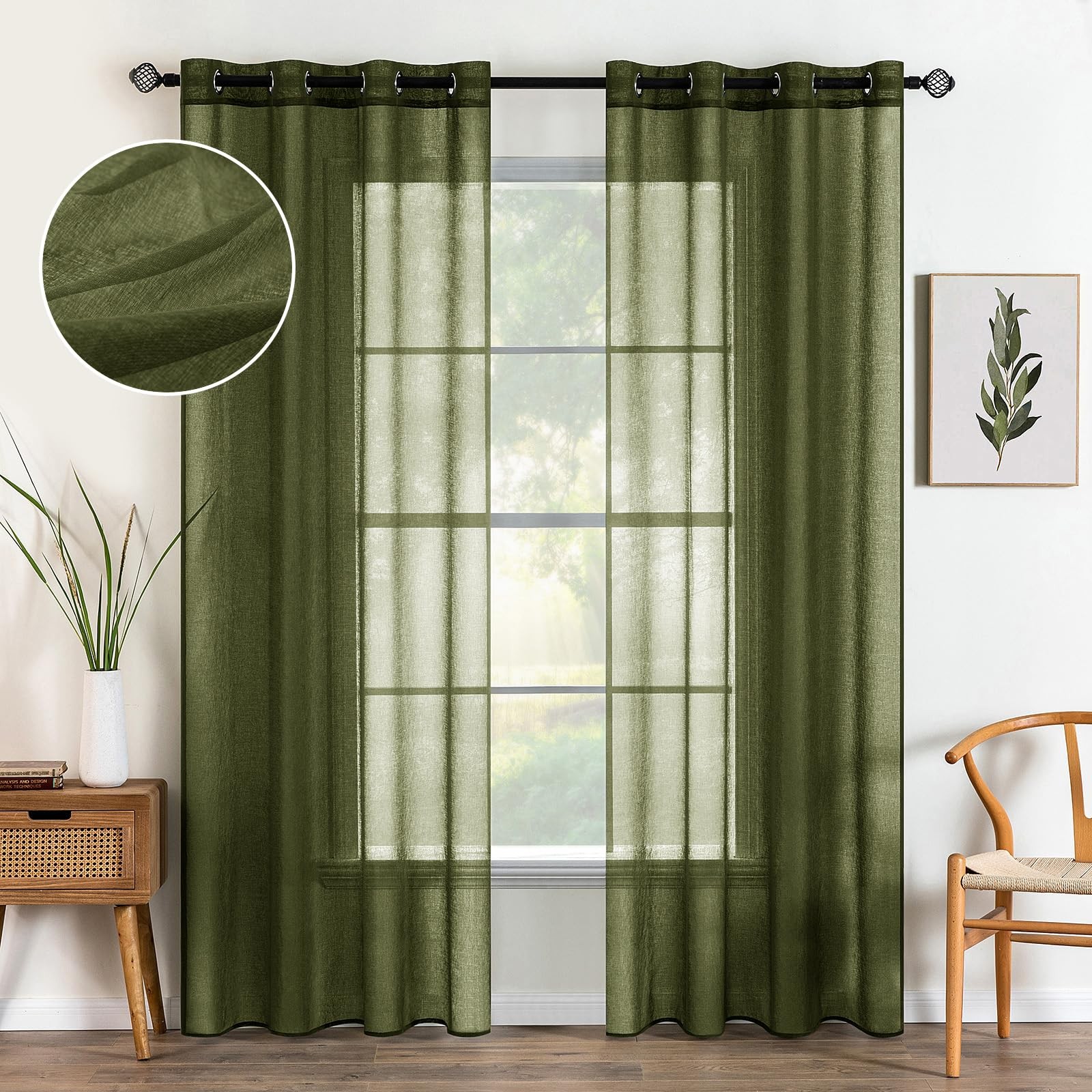 2 Panels Semi Sheer Window Curtains 54″W x 84″L (Pack of 2) Olive Green