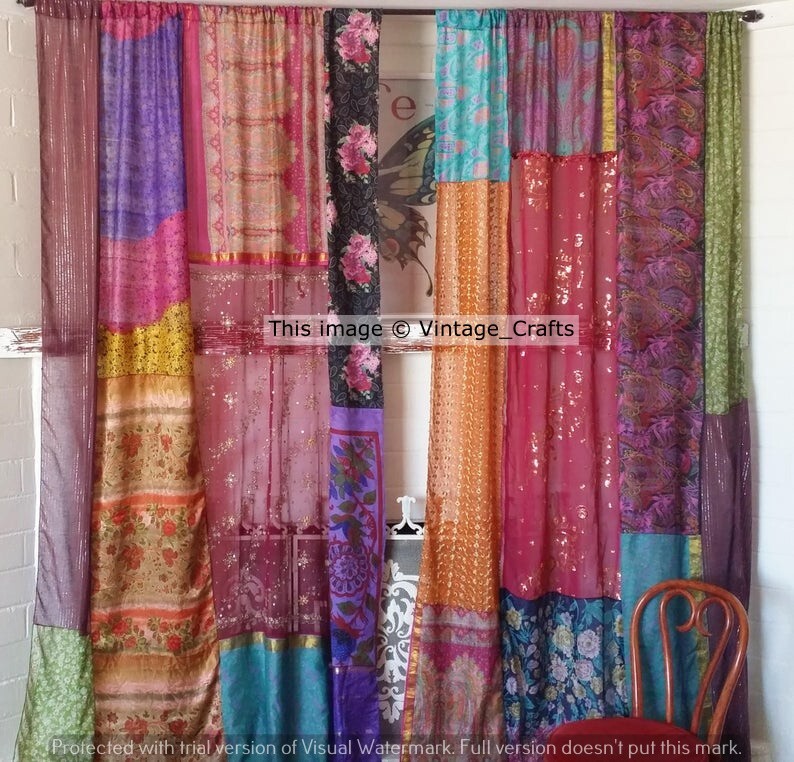 2 Pc Indian Old Recycle Silk Saree Boho Multi Curtain Door Drape Decor Curtain