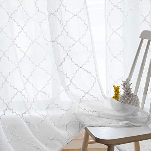 Sheer Curtains White 63 Inches,Embroidered Moroccan Tile Lattice Design Rod