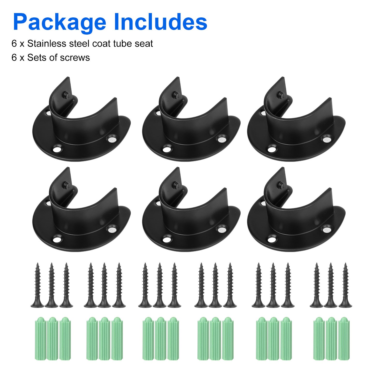 6 PCS Black Stainless Steel Closet Rod Sockets U-Shape Pipe Brackets with Screws