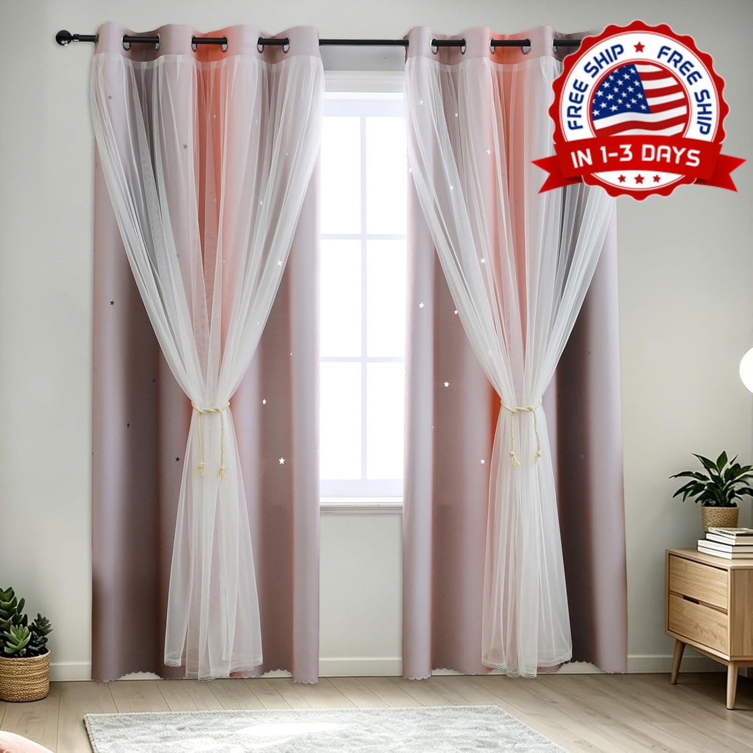 Cortinas opacas para dormitorio infantil con diseño de estrellas rosas de 84 pul