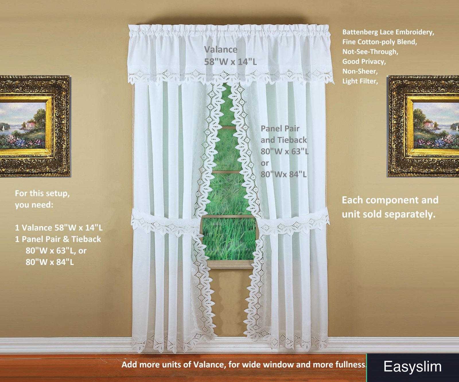 Curtain Panel Pair 80×84 Inch White Battenberg Eyelet 4 Piece Set