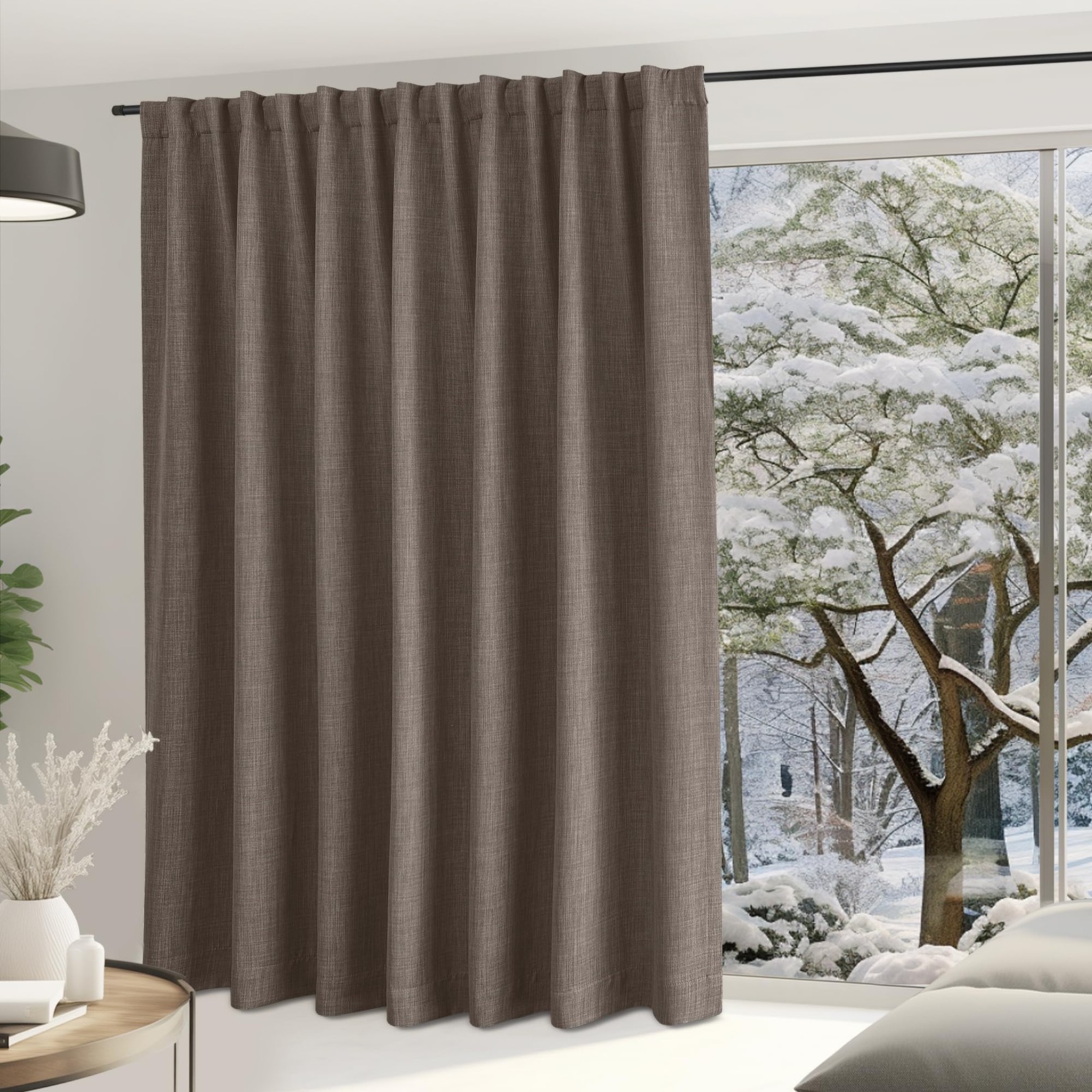 Nicetown Faux Linen Brown Blackout Curtains For Sliding Glass Door Hook
