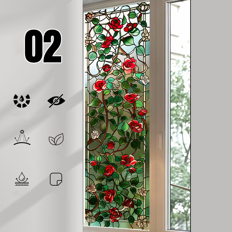 1PC Retro Rose Printed Stained Glass Window Film Self Adhesive Backing Stickers