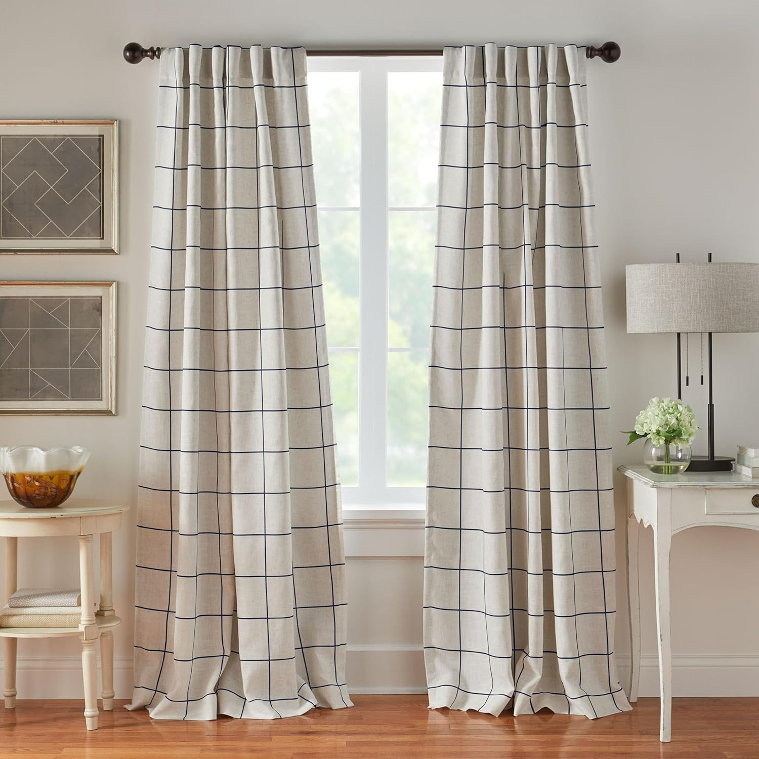Brighton Windowpane Plaid Blackout Window Curtain Panel, Linen – 52″ W X 84″ L