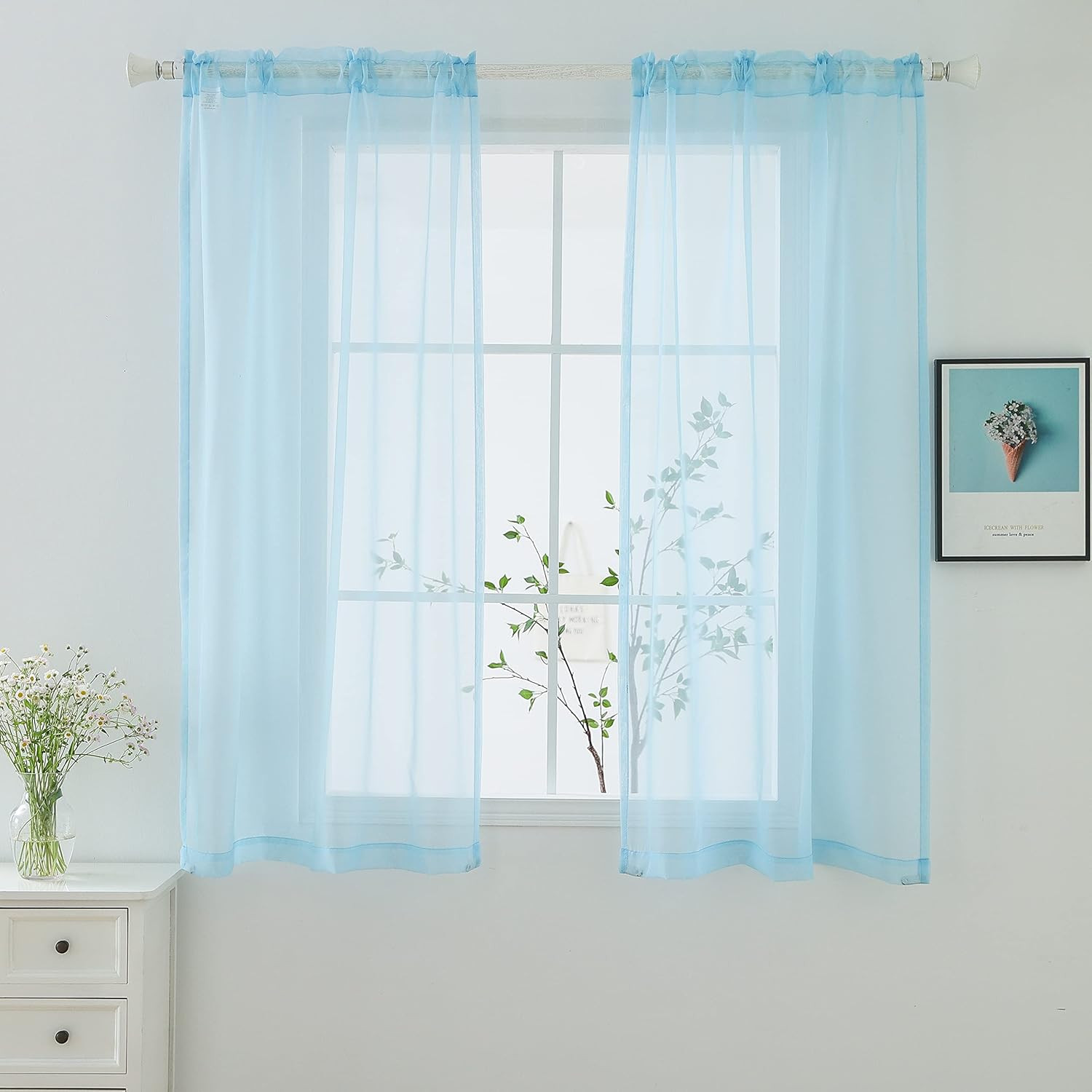 Sky Blue Sheer Curtains, 52″W x 84″L, 2 Panels for Bedroom & Living Room