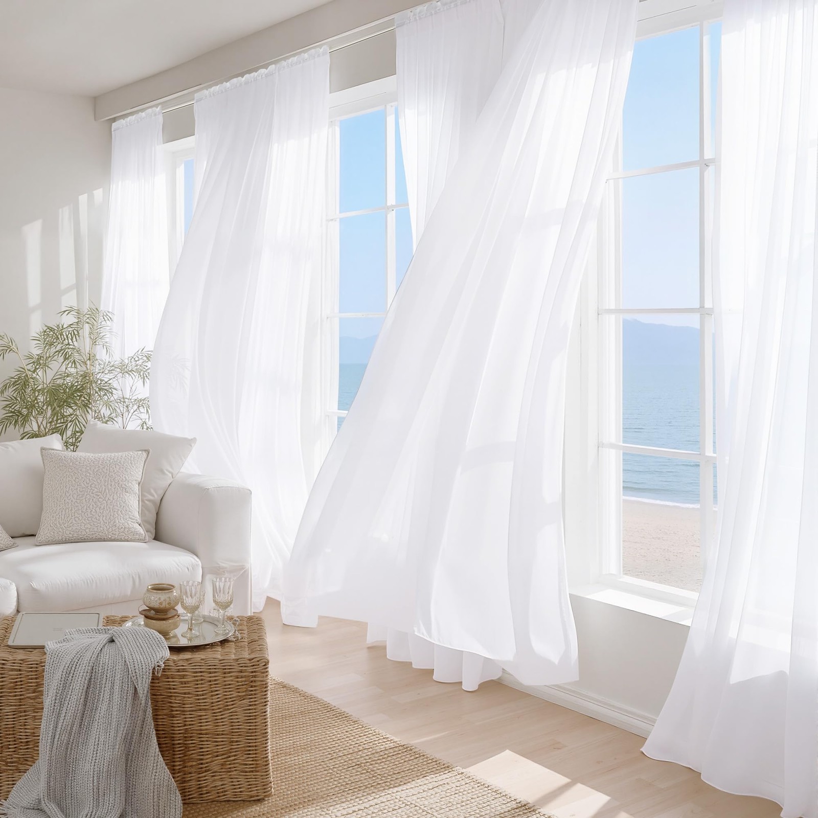 White Sheer 96 inches Long Curtains for Living Room, Rod Pocket Lightweight D…
