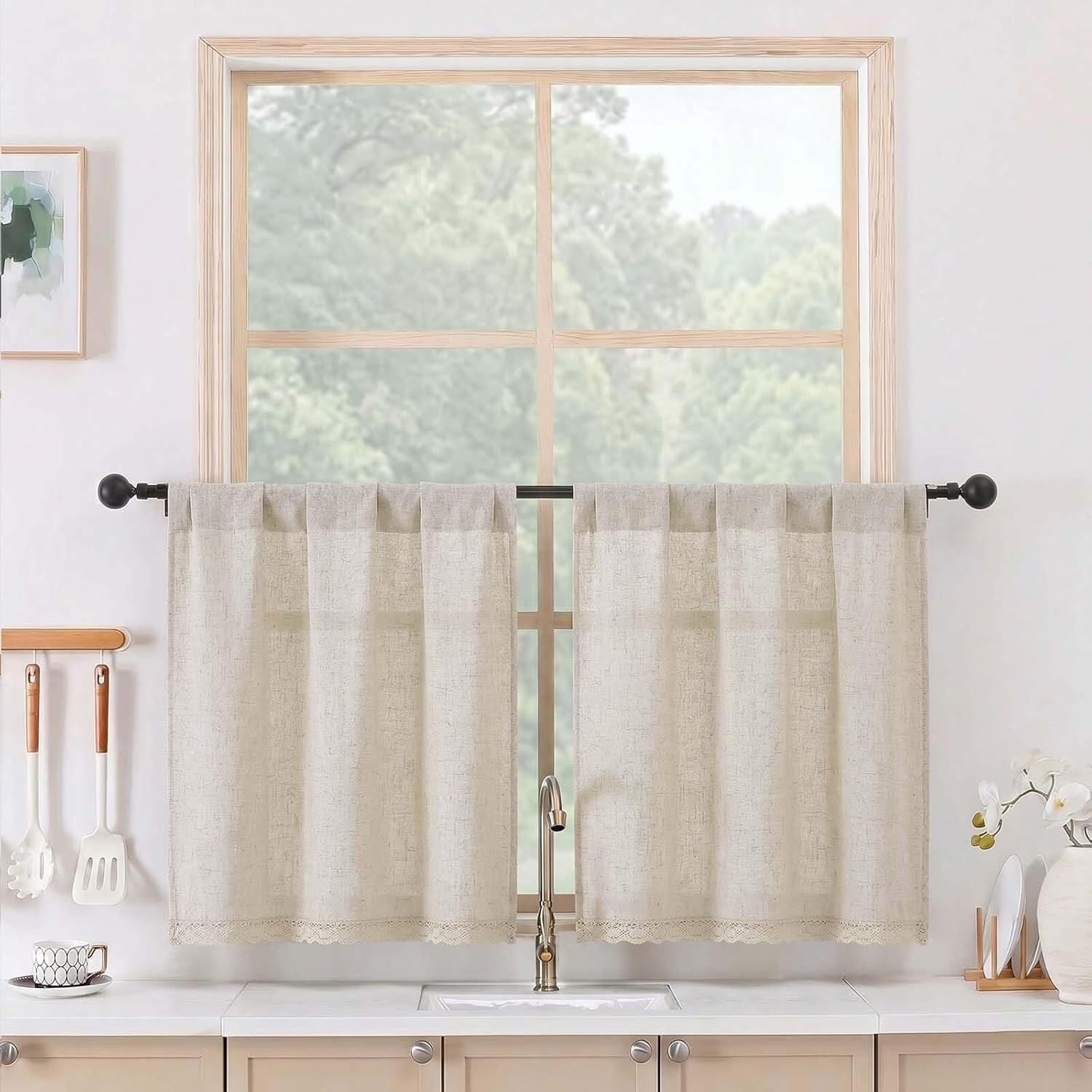 Boho Lace Kitchen Curtains 24 Inch Length – Light Filtering Faux Linen Vintag…