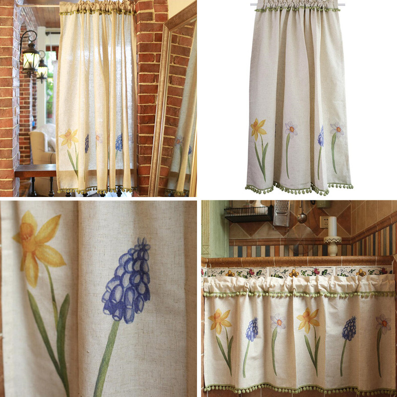 Vintage Floral Print Half Short Curtain Pom Pom Cafe Window Drape Cabinet Door