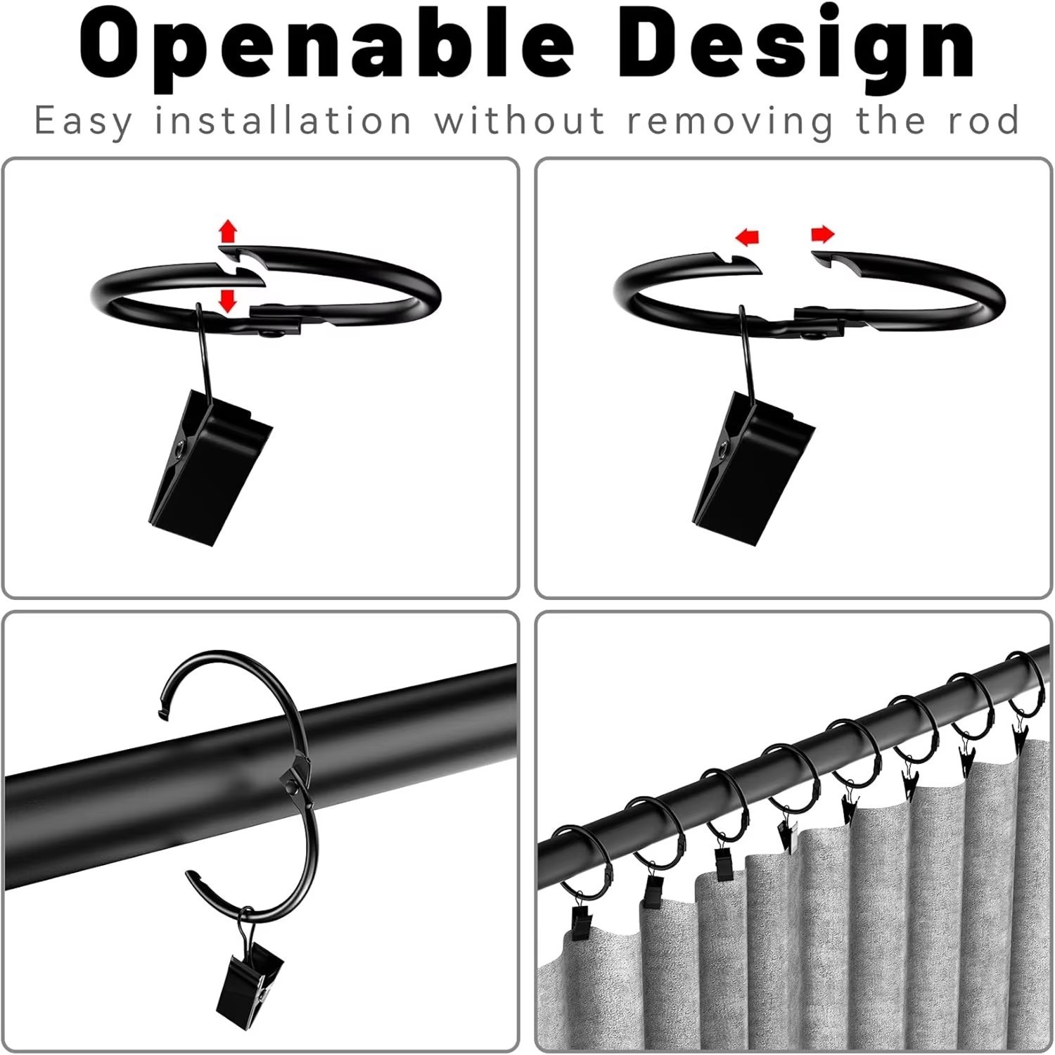 Curtain Clip Rings, Openable Metal Hooks, Rustproof finish for Window Rods