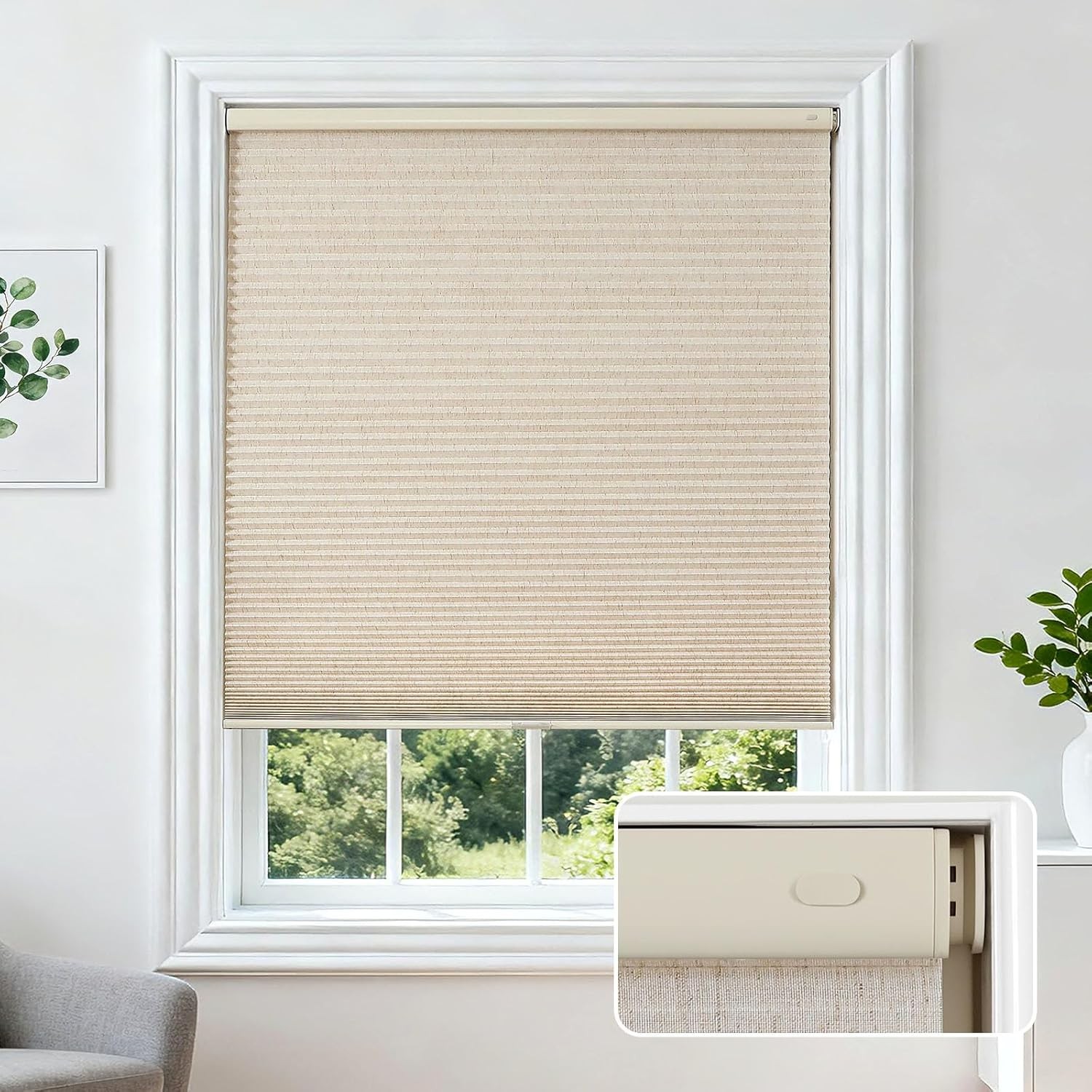 No Drill Linen Cellular Blinds for Indoor Windows, Light Filtering Cordless