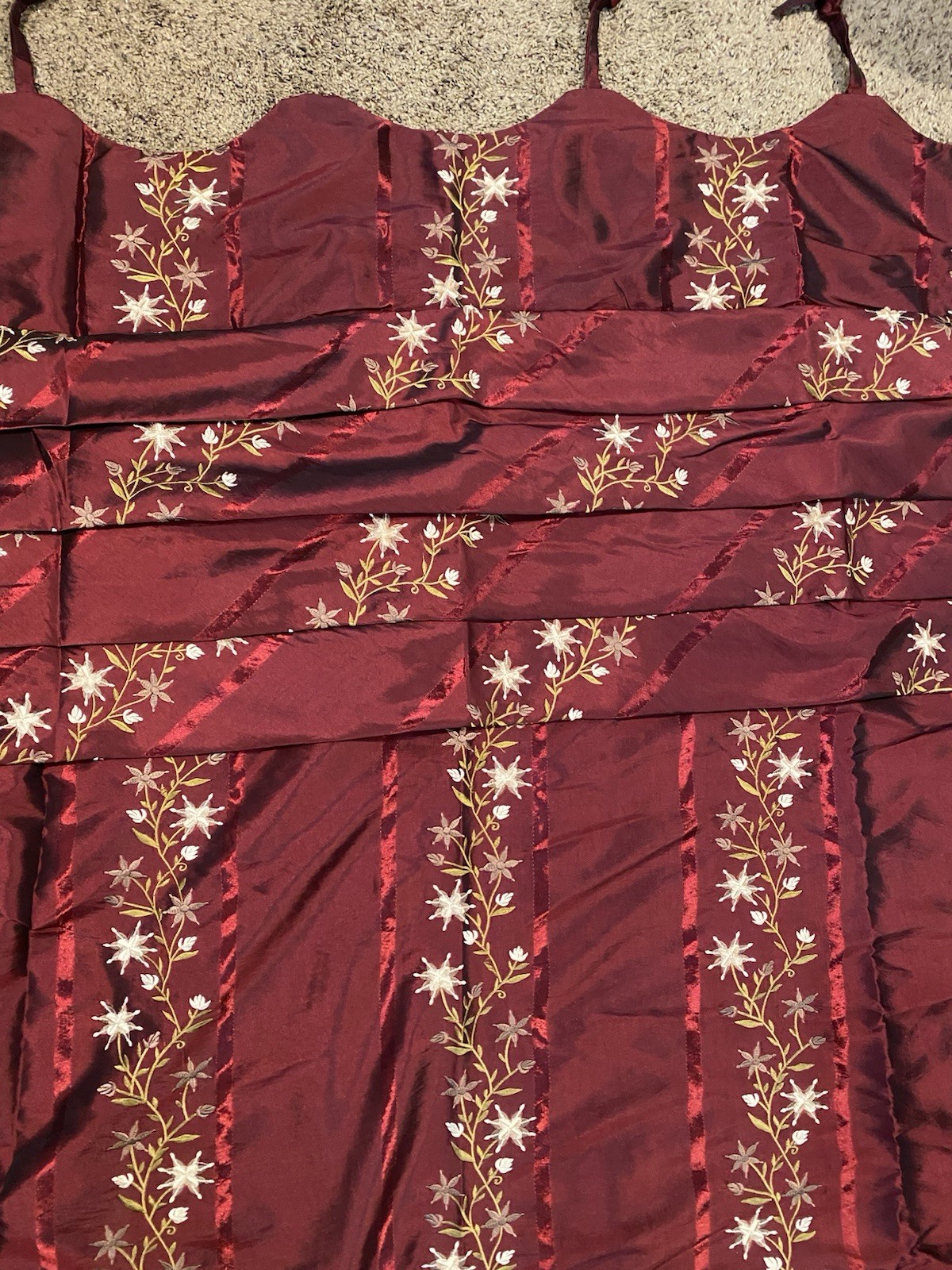 Curtain Panel Floral Embroidery Maroon Lined Custom Made 99”+ Ties 48” Repurpose