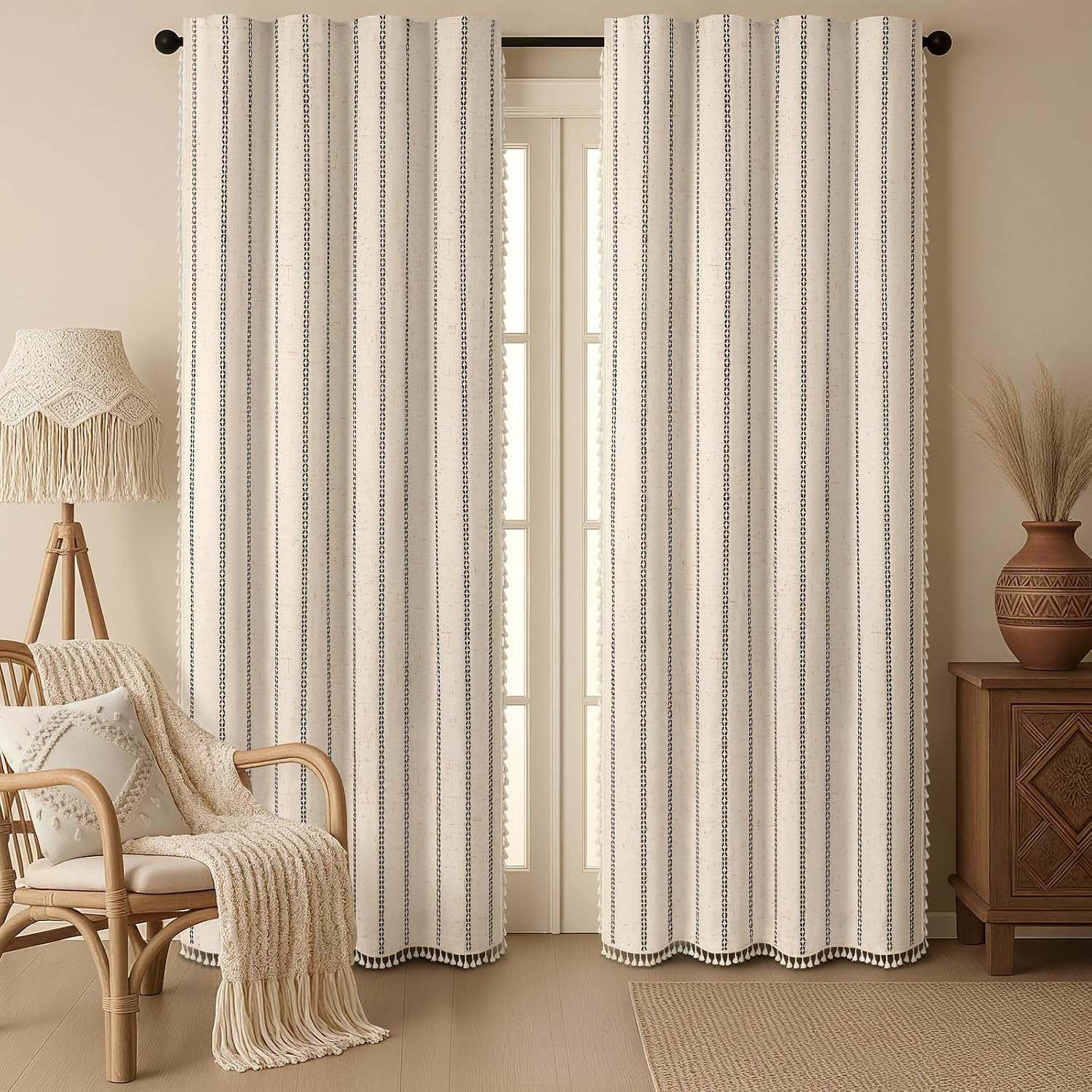 Beige Boho Blackout Curtains 2 Panels 84 Inch for Living Room Bedroom, Linen Tex