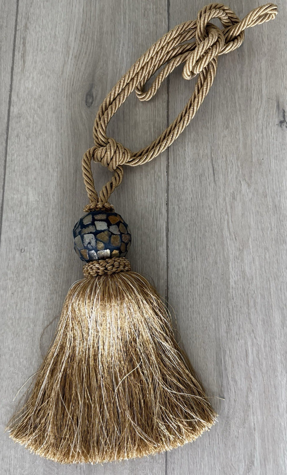 Vintage Decorative Curtain Tieback Gold Tone Rope Tassel with Mosaic Tile Accent