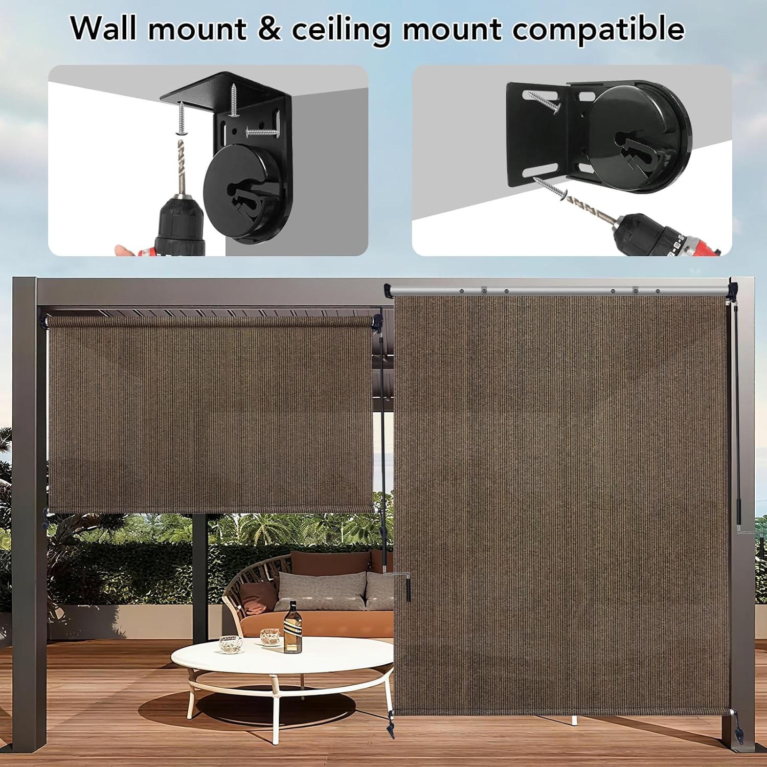 10′(W) x8′(H) Mocha Outdoor Roller Shade – Cordless Exterior Roll Up Sun Shade