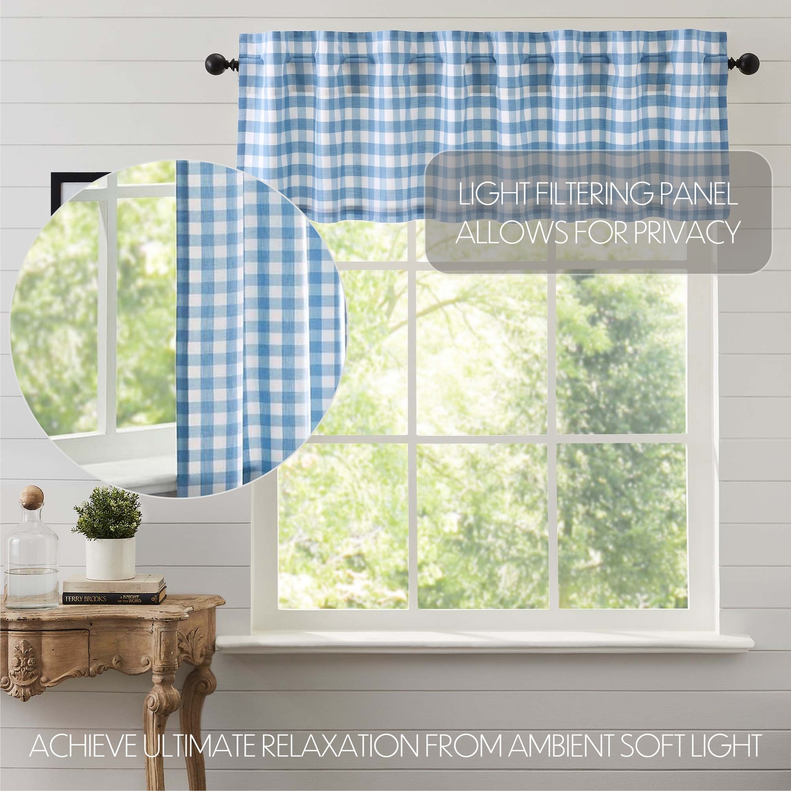 Annie Buffalo Check Blue Set (1 Valance 16×72 ; 2 Tier 24×36) VHC Brands