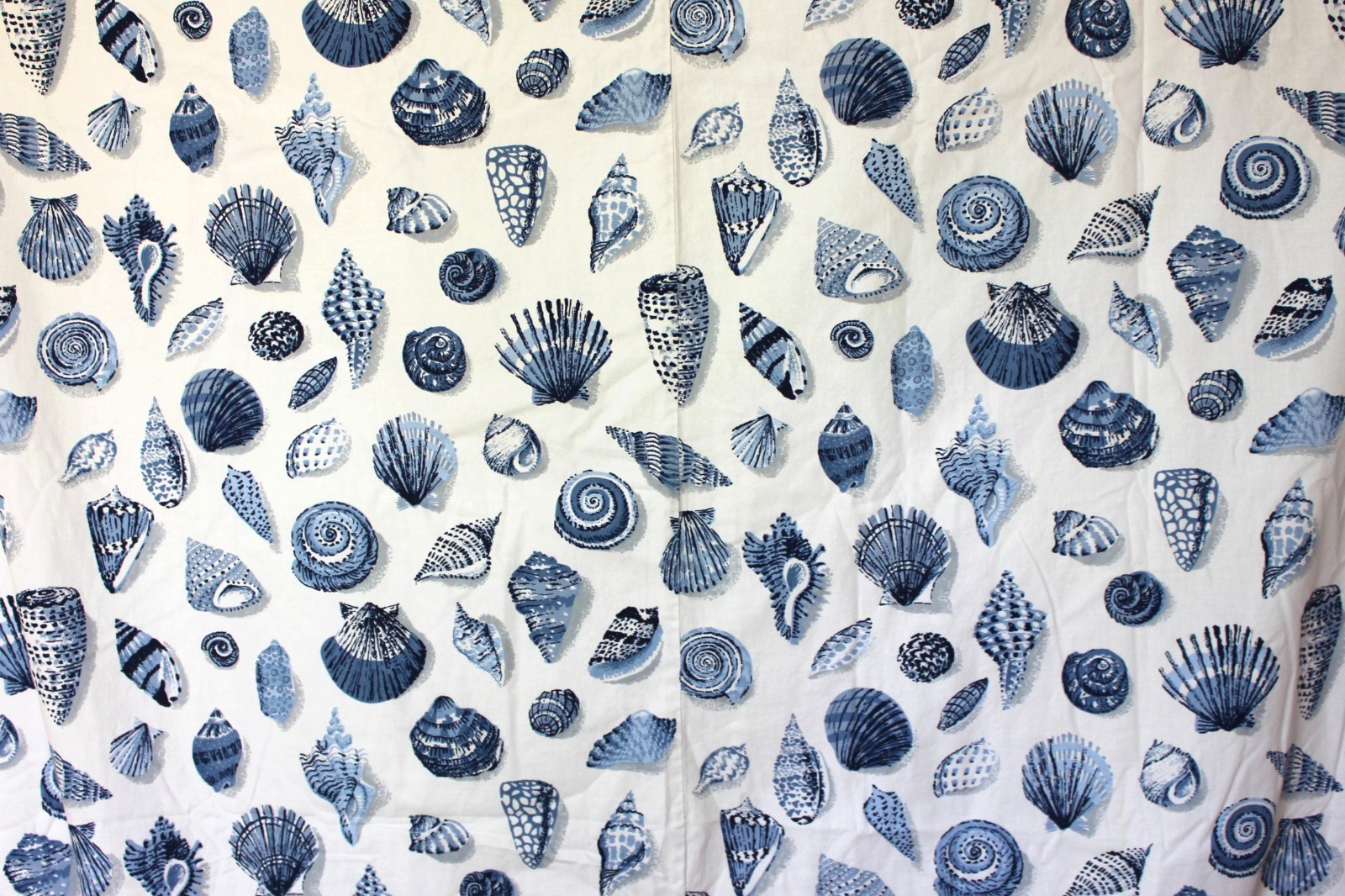 Custom Curtains Blue White Seashell Toile Vtg 3-Pc Drapery Set Beachcomber