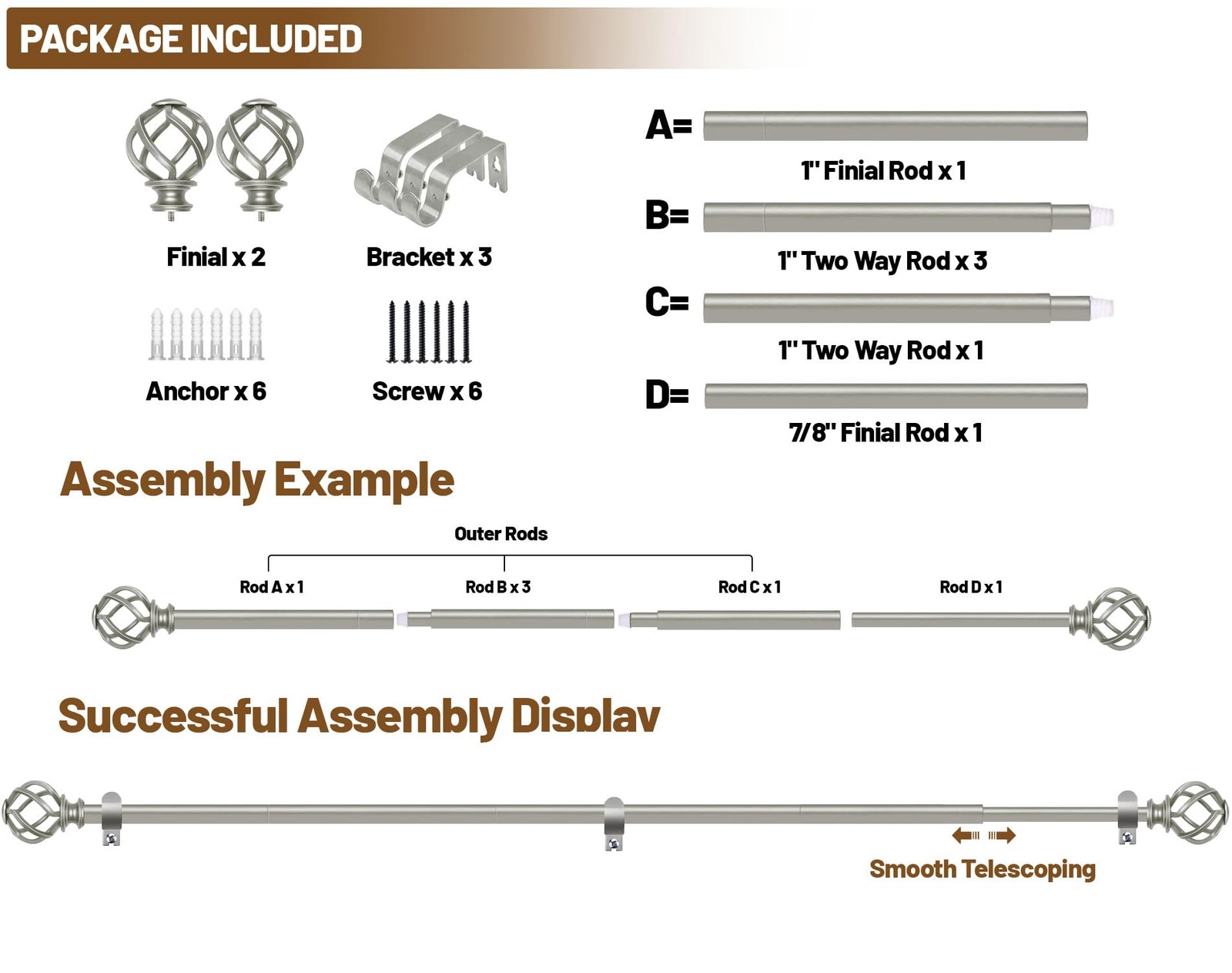 KAMANINA Antique Silver Curtain Rods for Windows 48 to 84 inch, 1 inch Adjustabl