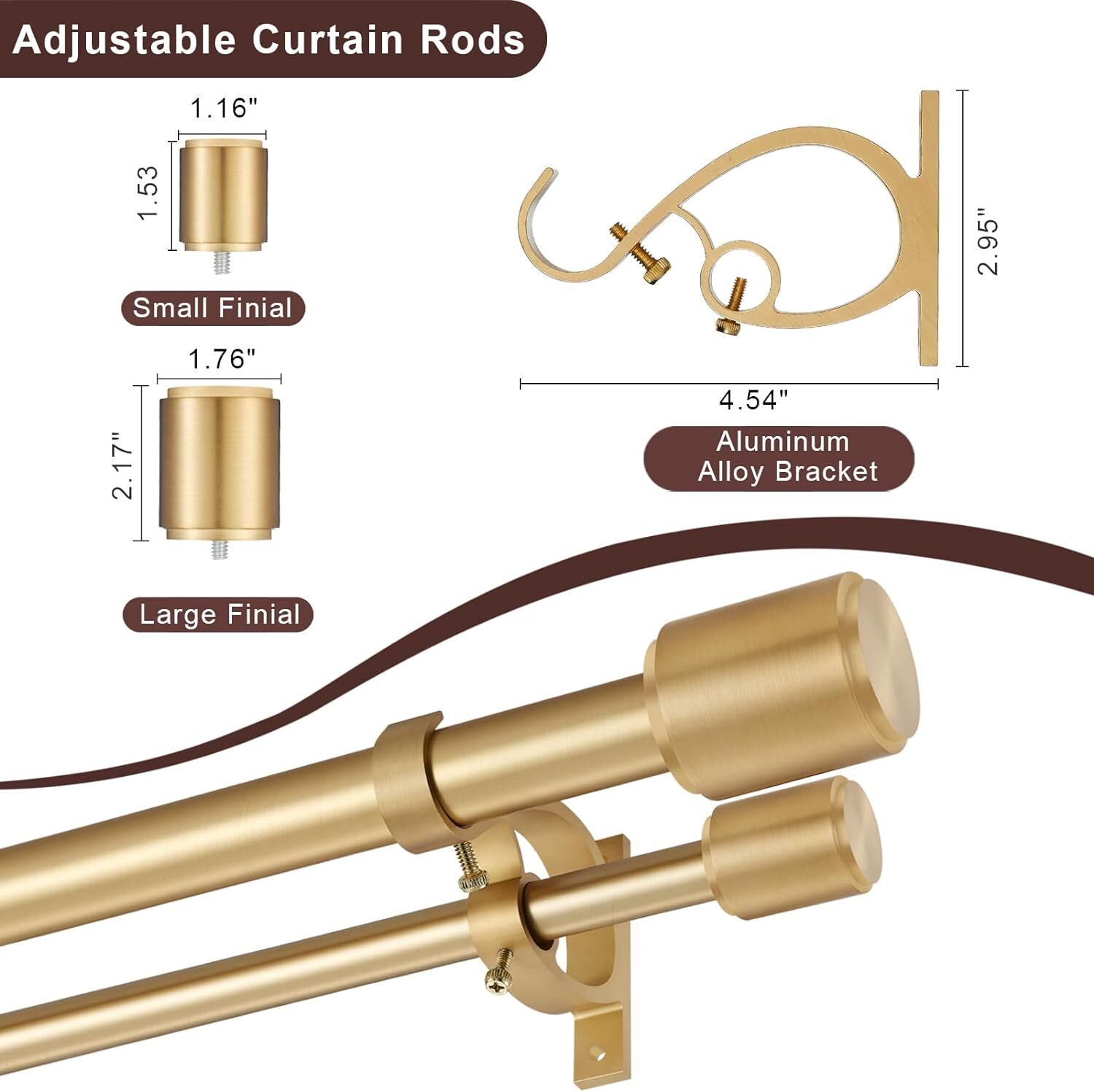 Warm Gold Double Curtain Rods, Double Drapery Rod 36-72 Inch, Decorative Curt…