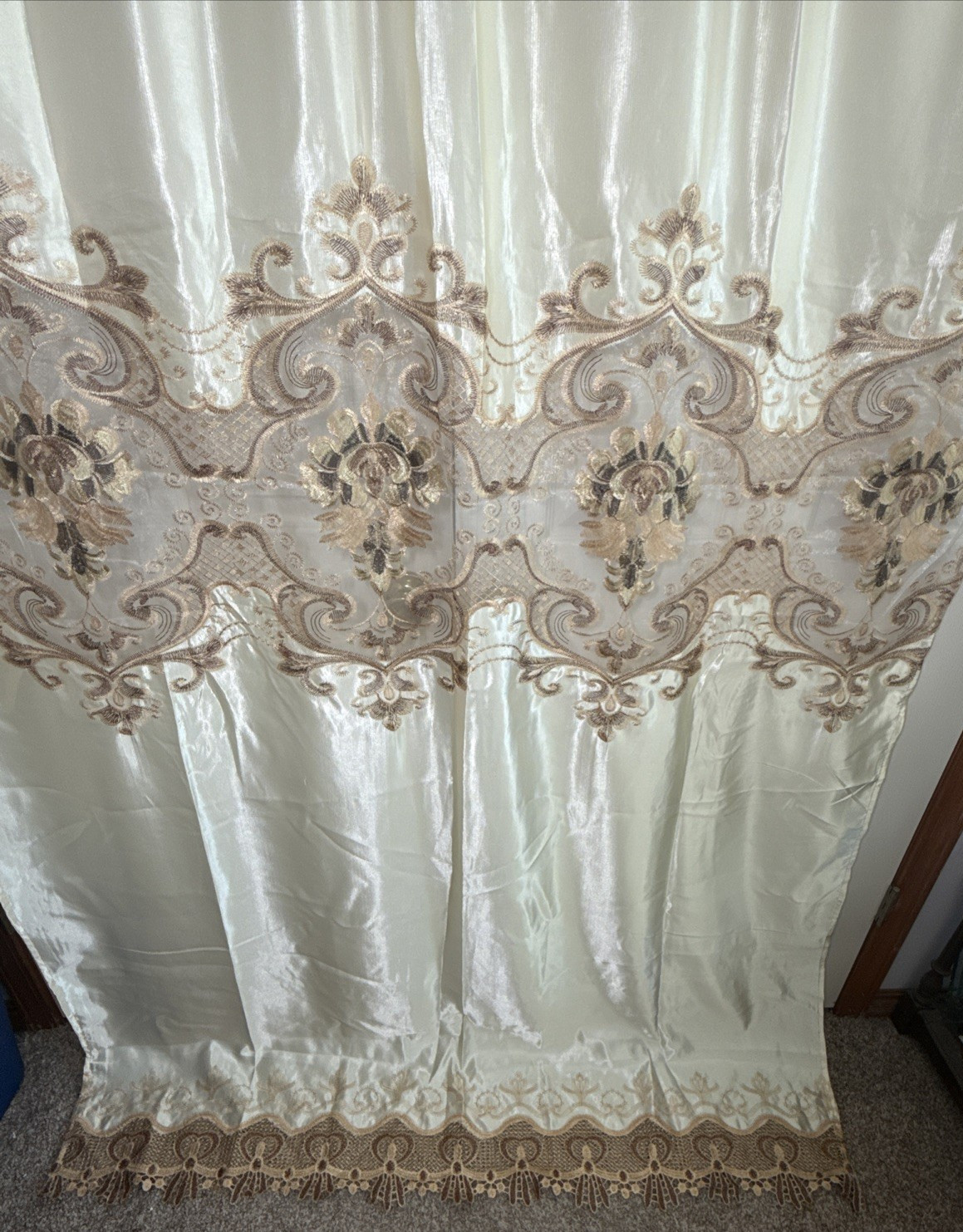 Drapes 2 Panels Beige w/ Attached Valance, Shimmer Satin, Sheer Lace 54 X 87”