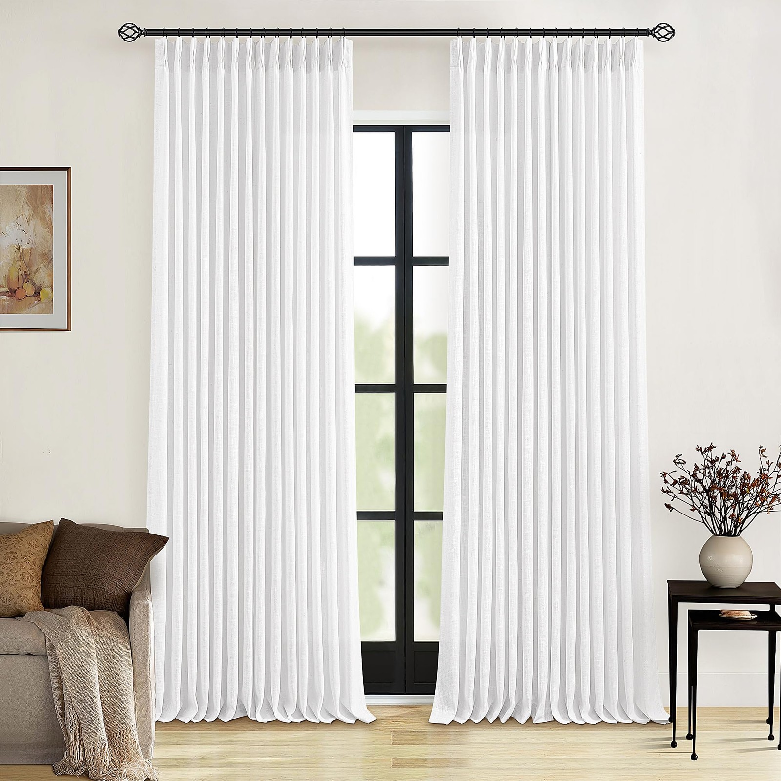 Pleated Linen White Curtains 96 Inches Long 2 Panels Set for Living Room Bedr…