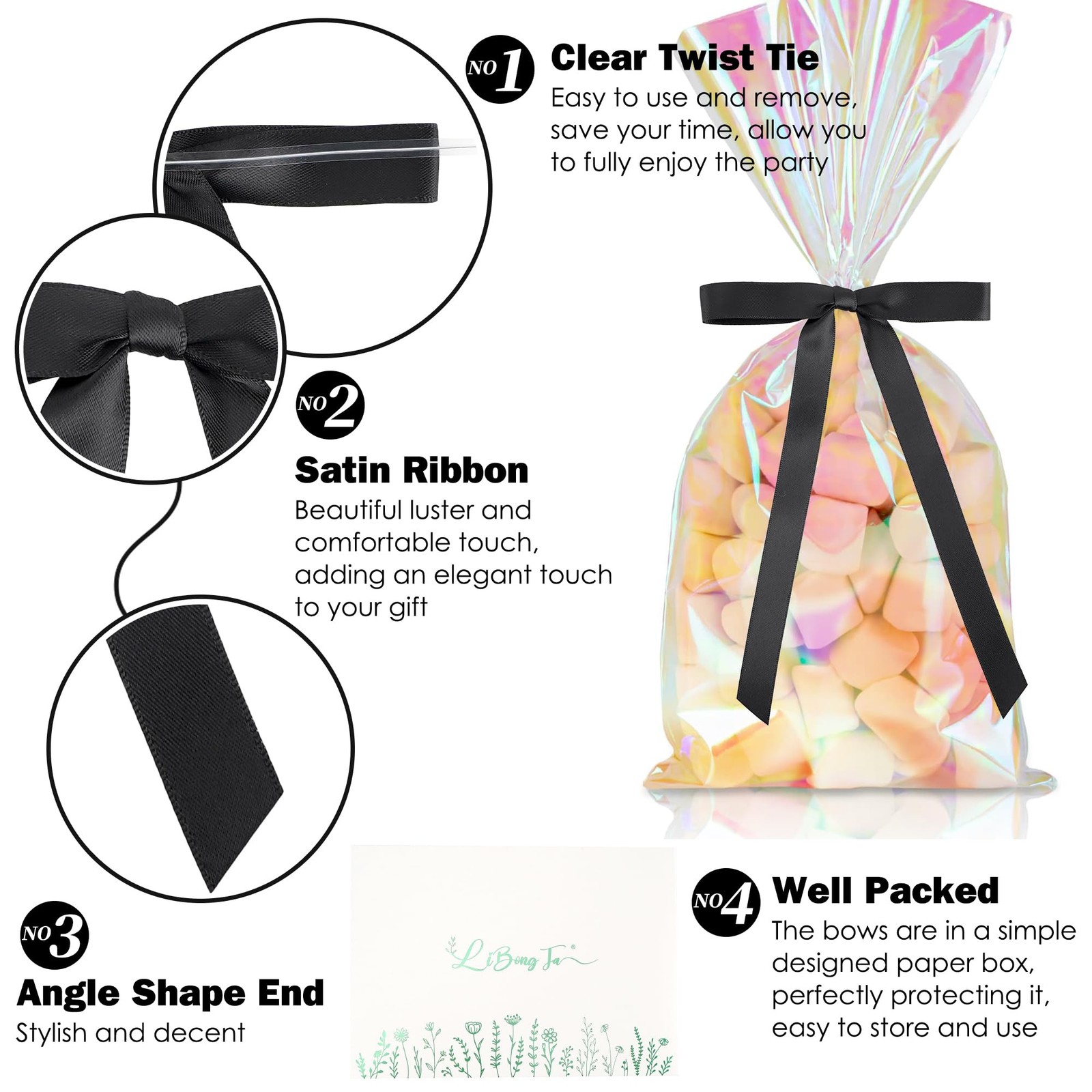 Black 5 Inch Long Tail Satin Ribbon Twist Tie Bows Craft Gift Wrap 50 PCS