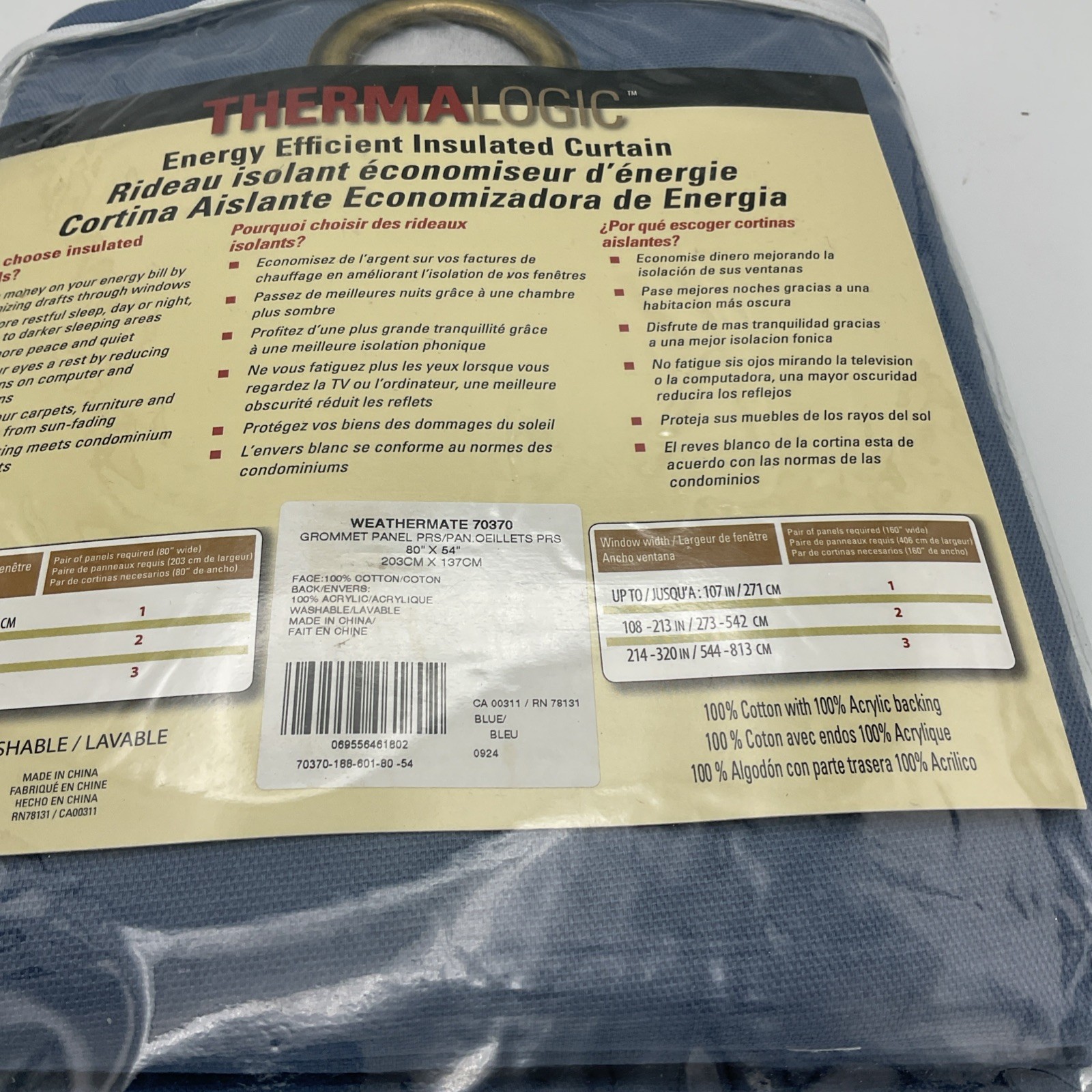 Therma Logic Grommet Set Of 2 Panel Curtain 40 x 54in Each Blue Blackout Cotton