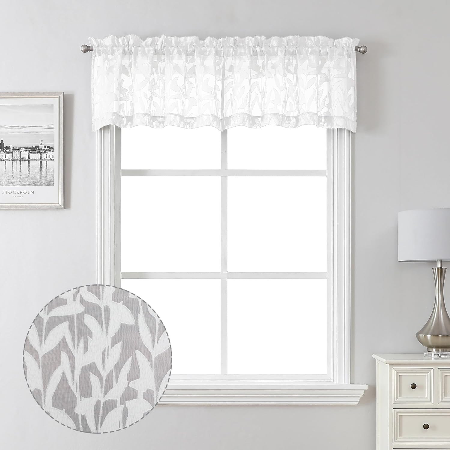 2 PCS White Sheer Valance Curtains 14 Inch Jacquard Leaf Light Filtering Window