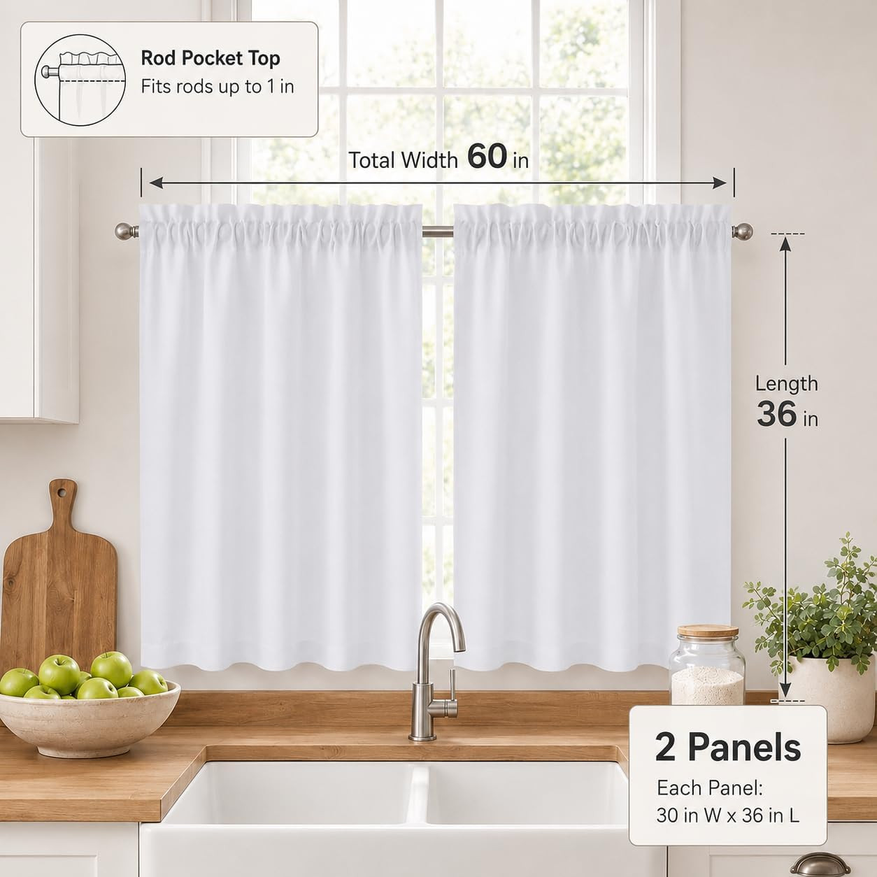 2 Panels White Kitchen Curtains 36 Inch Length Tier Curtain, Faux Linen Textured