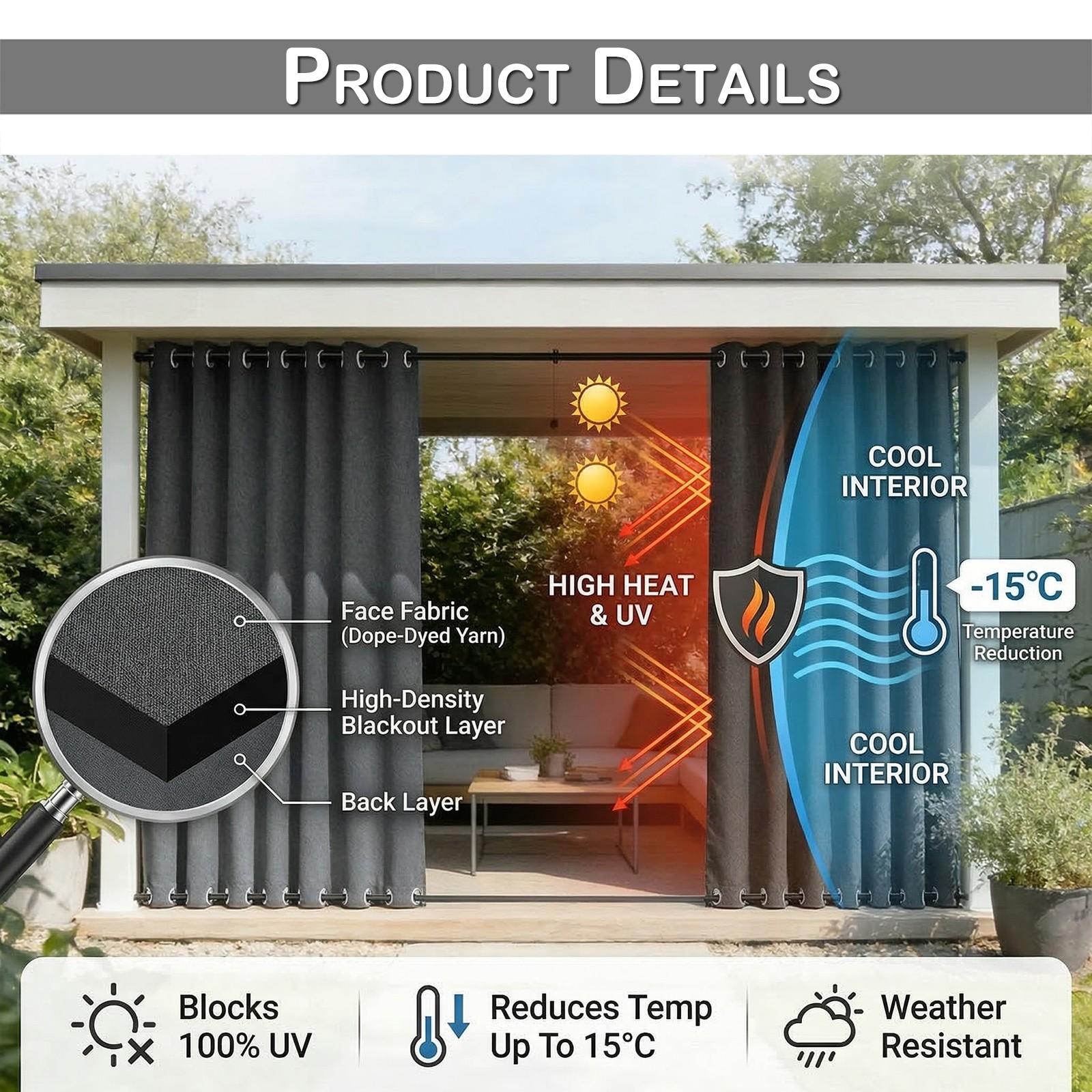 Outdoor Curtains for Patio Waterproof & Windproof Cordless Extra Wide Drapes