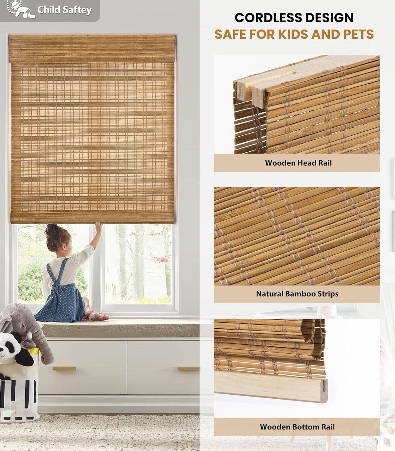 LazBlinds No Tools No Drill Cordless Bamboo Roman Shades 27” W X 64” H