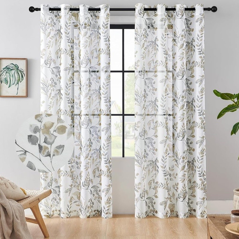 Farmhouse Botanical Leaf Print Curtains Durable Light Filtering Panels Easy Care