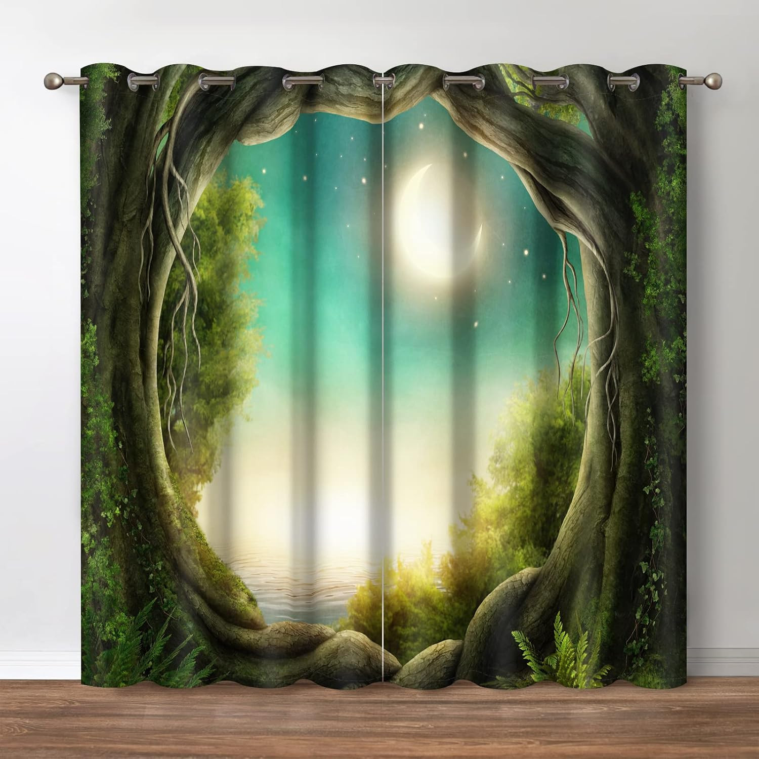 Fantasy Forest Blackout Curtains with Moon and Stars, 2 Panels Set 52″x84