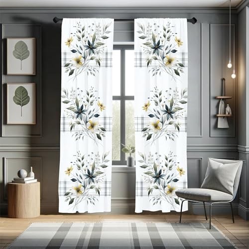 Floral Window Curtains, Minimalist Design Cozy Neutral Farmhouse Plaid with