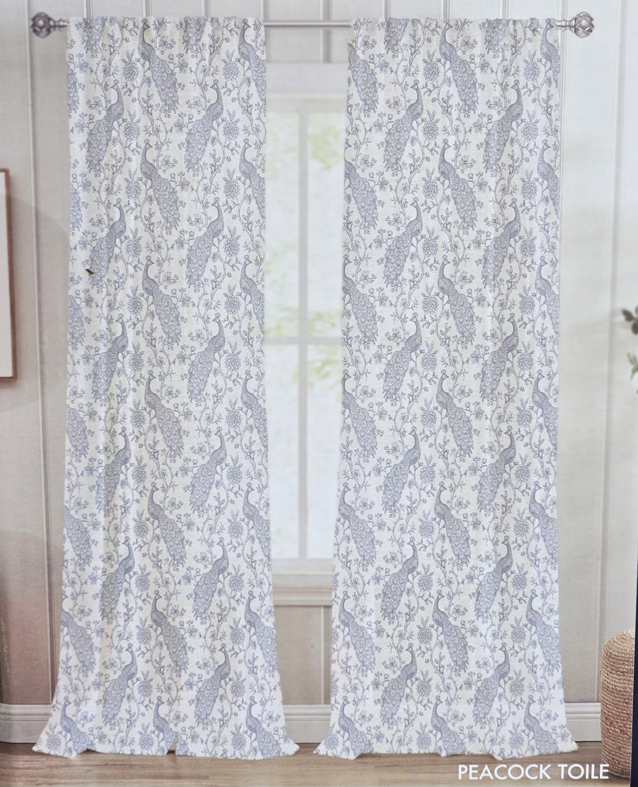 NEW Bon Luxe 2 Piece Peacock Toile Sheer Curtains 37×84 Blue Linen Blend Panels