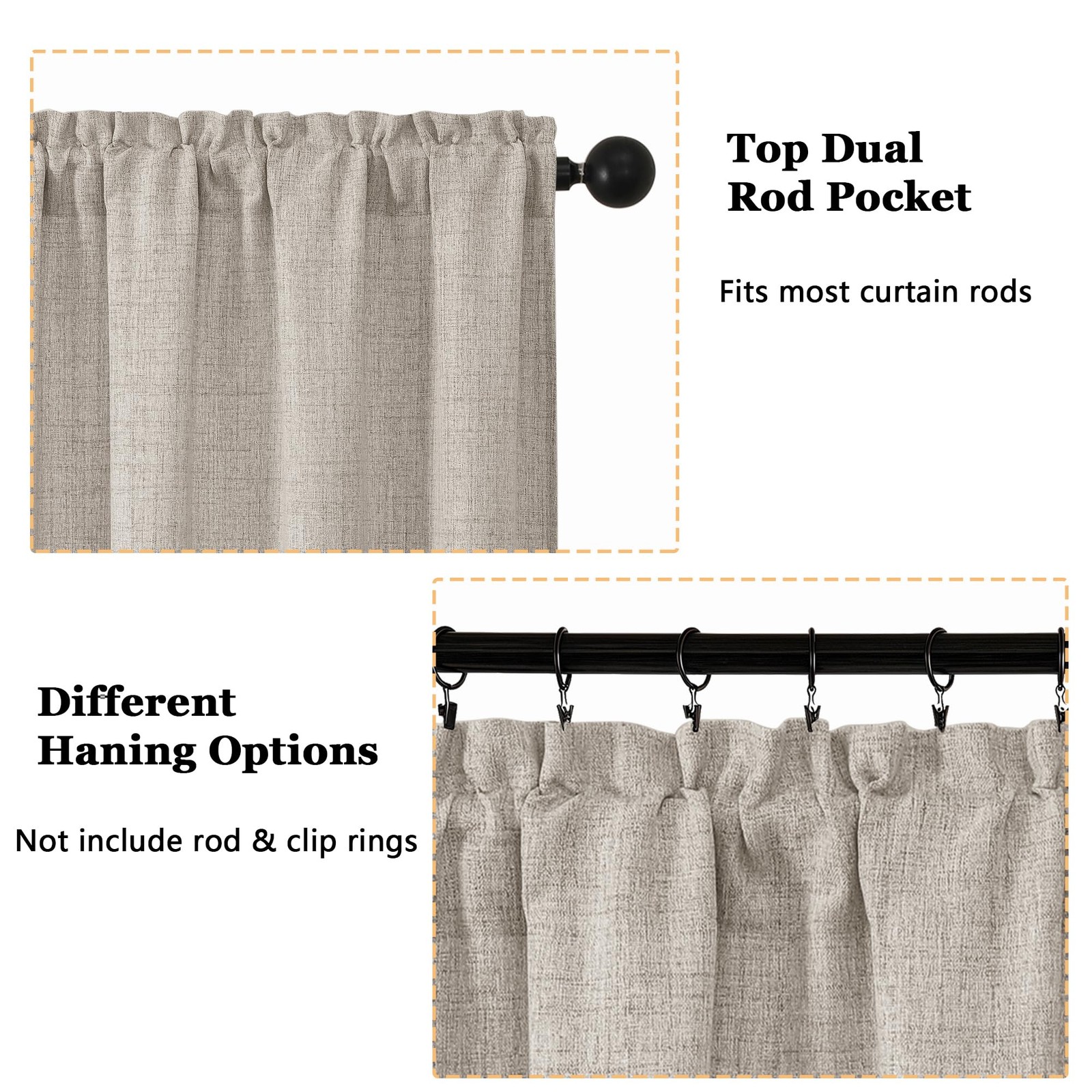 Linen Cafe Curtains 36 Inch Length 2 Panels Set, Light Filtering Textured Short