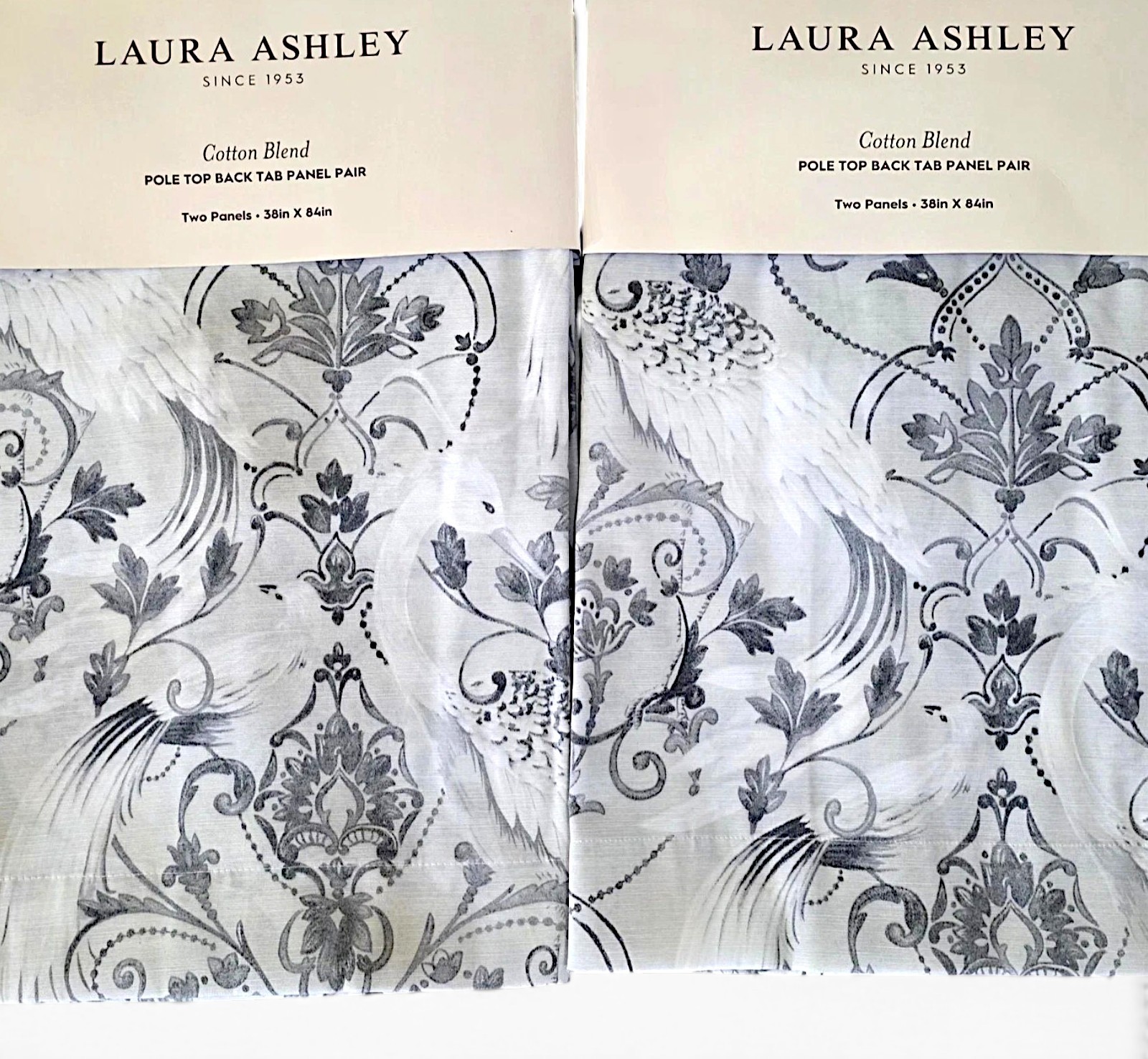 Laura Ashley Tregaron Damask Curtains Set of 4 37×84 Gray Bird Cotton Panels NEW