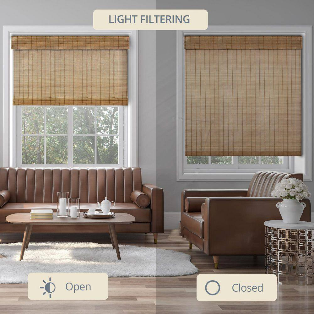 Natural Woven Light Filtering Cordless Bamboo Roman Shades for Windows, 27 In. W