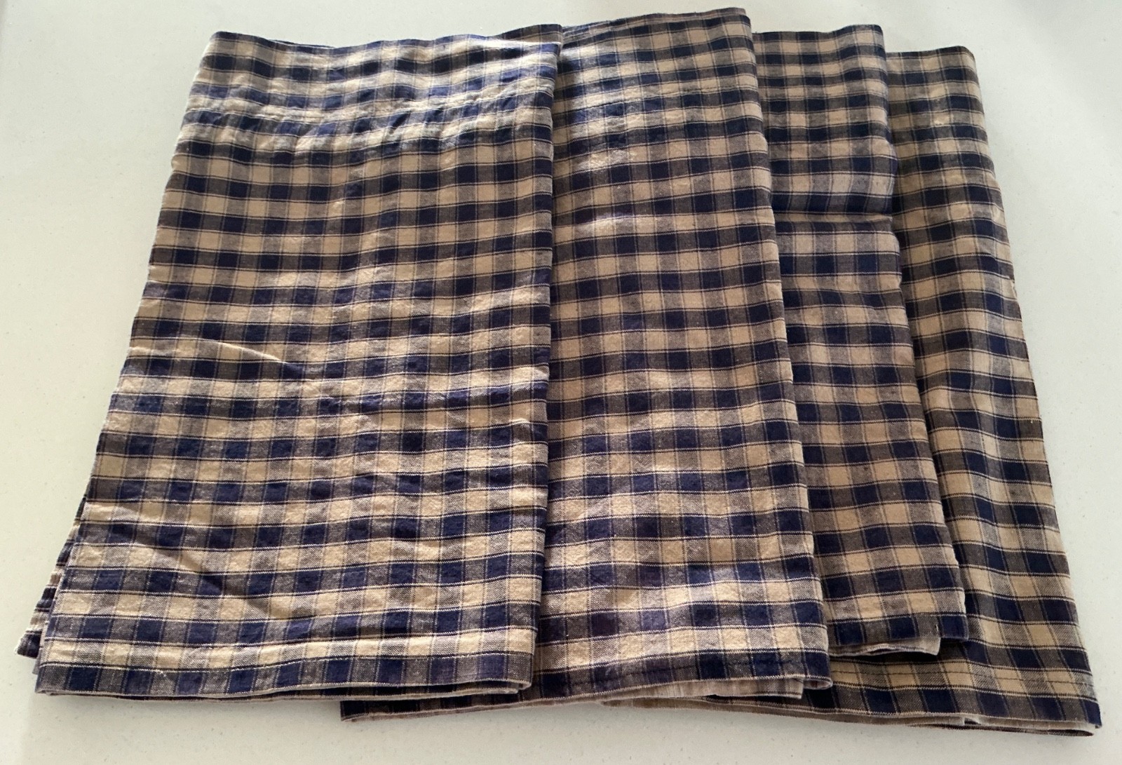 HUGE LOT OF 5 HOMESPUN NAVY PLAID VALANCES, HOMEMADE, SHIRR ON ROD POCKET