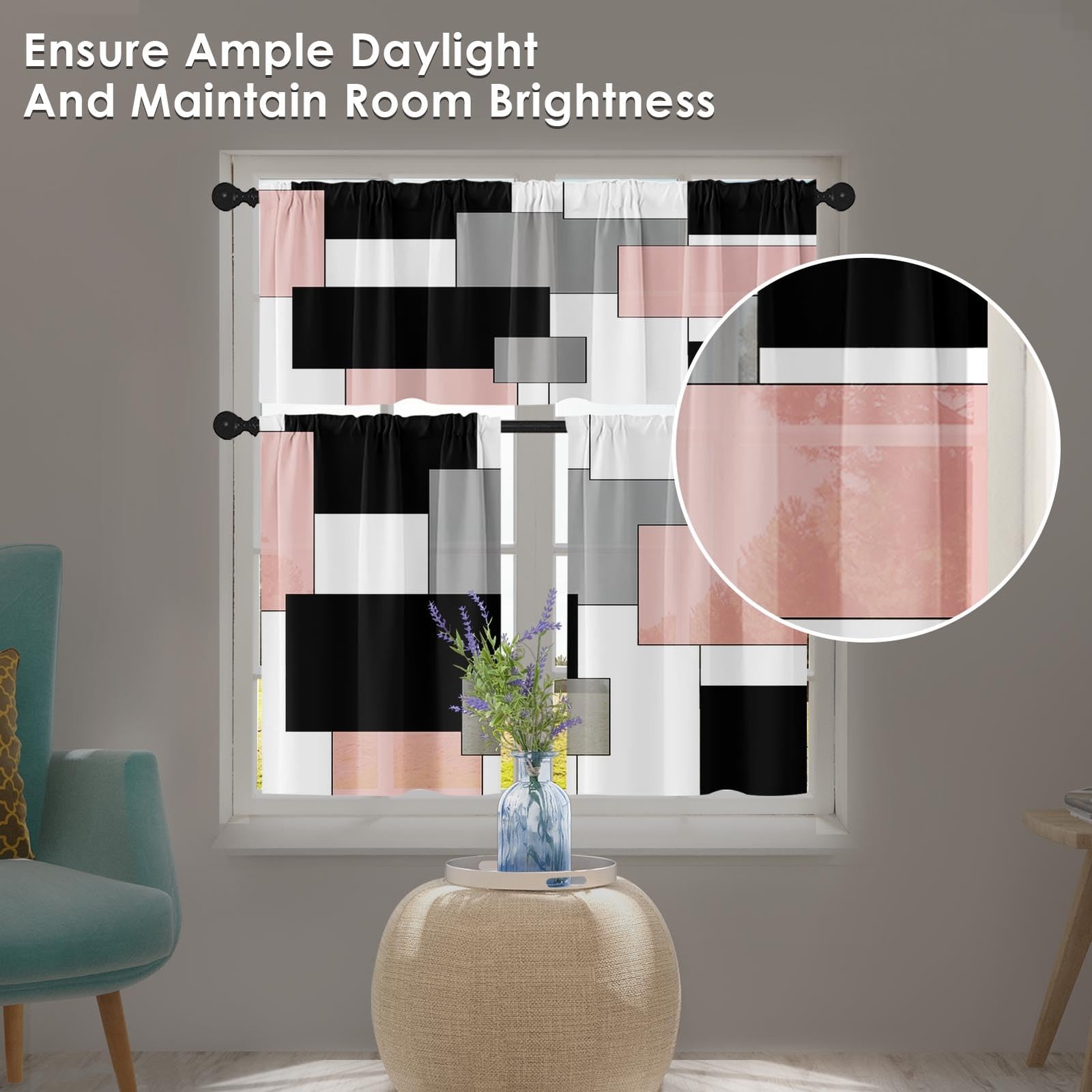 Tayney Pink Kitchen Window Curtains Valance and Tier Set 36 Inch, Black Grey …