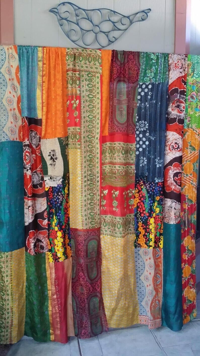 2 Pcs Indian Sari Patchwork Curtain Drape Window Decor Multi Silk Sari Curtain